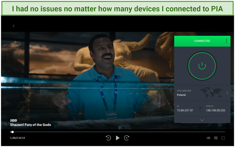 Screenshot of streaming Shazam! on HBO Max while connected to PIA's Polish server.