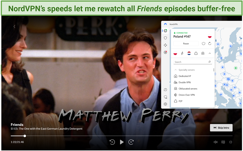 Screenshot of streaming Friends on HBO Max while connected to a Polish server using NordVPN.