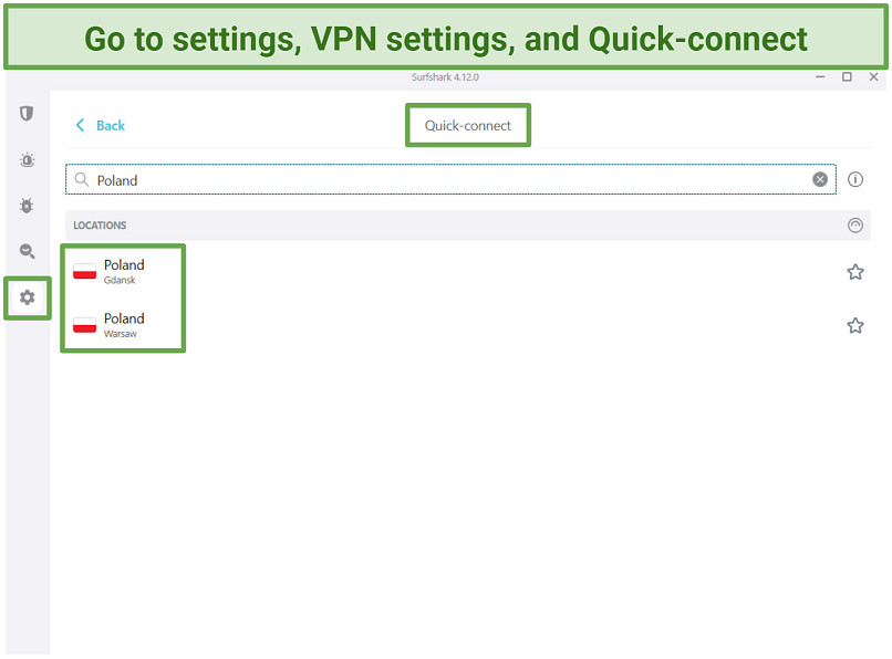 Screenshot of setting a Polish server as Quick-connect using Surfshark.