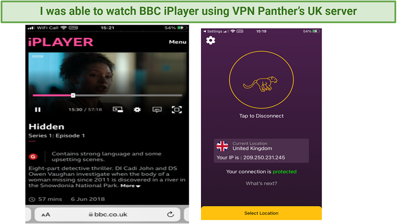 Alt text: Graphic showing iPlayer streaming using VPN Panther