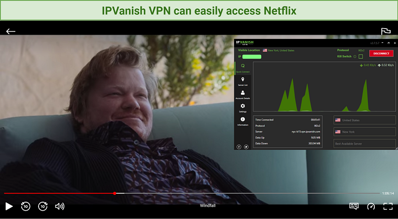 Screenshot of Netflix player unblocked with IPVanish VPN