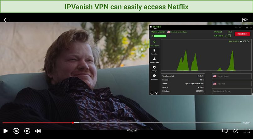 Captura de pantalla del reproductor de Netflix desbloqueado con ipvanish VPN