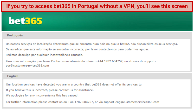A screenshot showing a bet365 error message in Portuguese and English