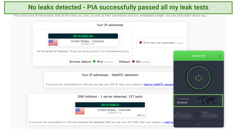 Screenshot of PIA passing leak test on ipleaknet