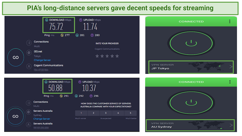 Screenshots of Ookla speed tests while connected to CyberGhost servers in Japan and Australia