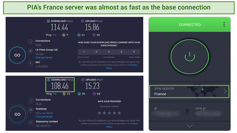 Screenshot of Ookla speed tests with no VPN connected and connected to PIA's France server