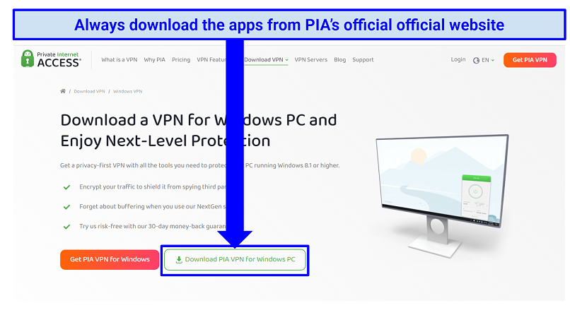 Downloading PIA's Windows app from its official website