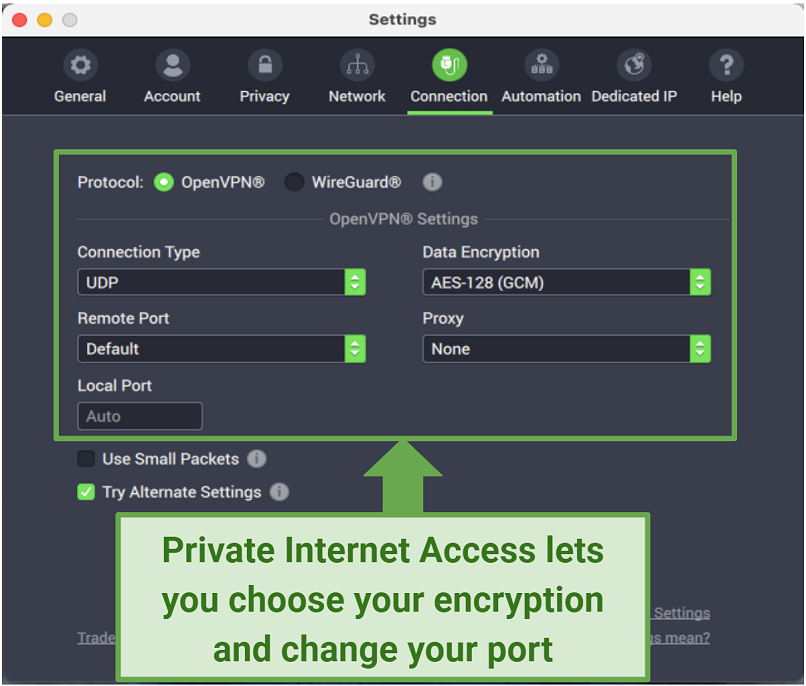 Graphic showing PIA security settings