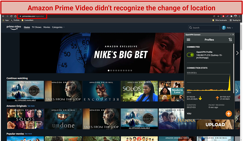 Screenshot of Amazon Prime Video detecting my location as the EU while connected to Press-VPN's Australia server