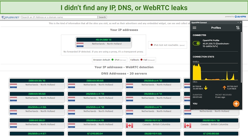 Screenshot of Press-VPN IP and DNS data leak test while connected to the Netherlands server