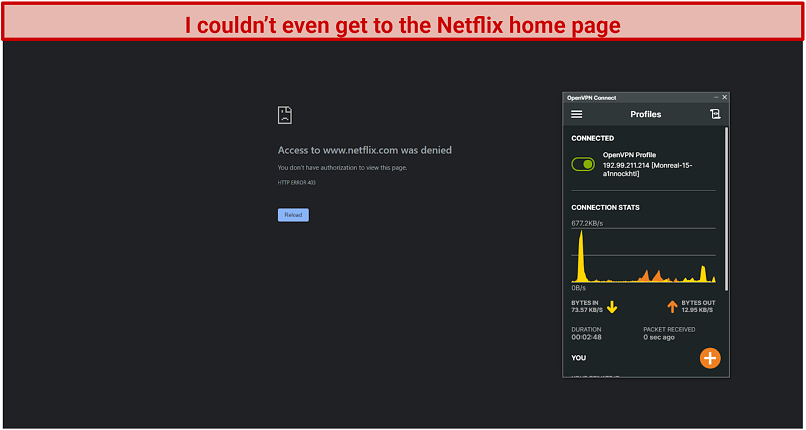 Screenshot of Netflix blocking access while using Press VPN