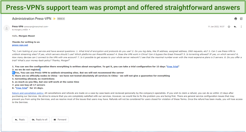 A screenshot of an email, showing Press-VPN's customer support responding to queries
