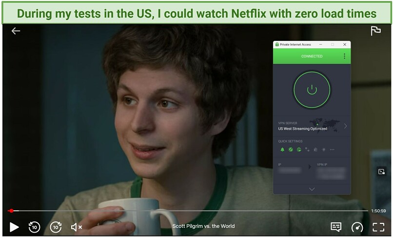 Screenshot of Netflix player streaming Scott Pilgrim vs. the World while connected to PIA's US West Streaming Optimized Server