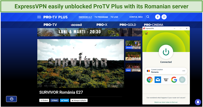 Graphic showing Romanian TV unblocked by ExpressVPN