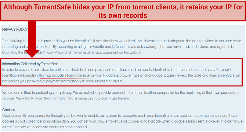 graphic showing TorrentSafe's privacy policy