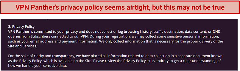 Graphic showing VPN Panther's privacy policy statement