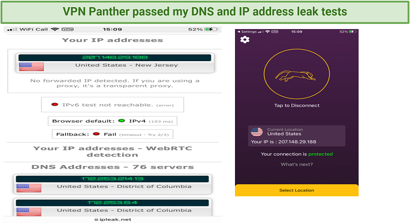 Graphic showing VPN Panther's servers passing IP and DNS leak test