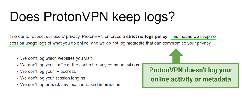 Graphic showing ProtonVPN no logs policy.