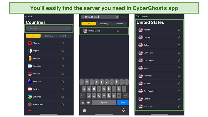 Screenshot of CyberGhost's mobile UI