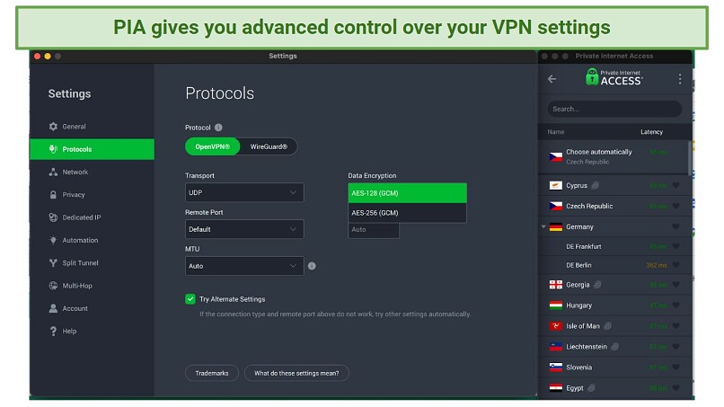 screenshot of PIA's protocol and encryption settings