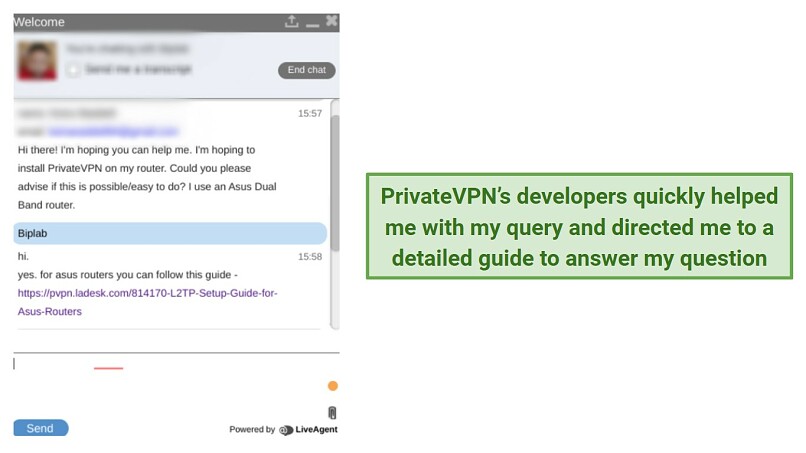 A screenshot of a conversation with PrivateVPN's live chat with developers