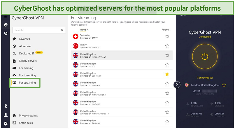 Screenshot showing some of the streaming-optimized servers on CyberGhost