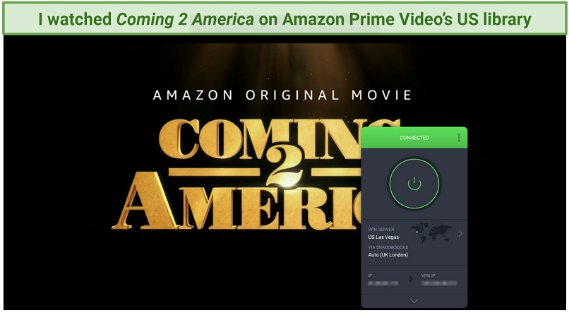 Screenshot showing Coming 2 America playing on Amazon Prime Video with PIA connected to Las Vegas server