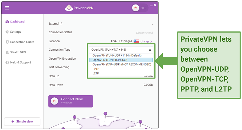 Screenshot showing PrivateVPN interface where you can select preferred VPN protocol