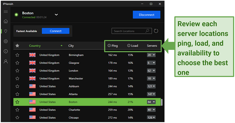 Screenshot showing IPVanish interface with information about each server location