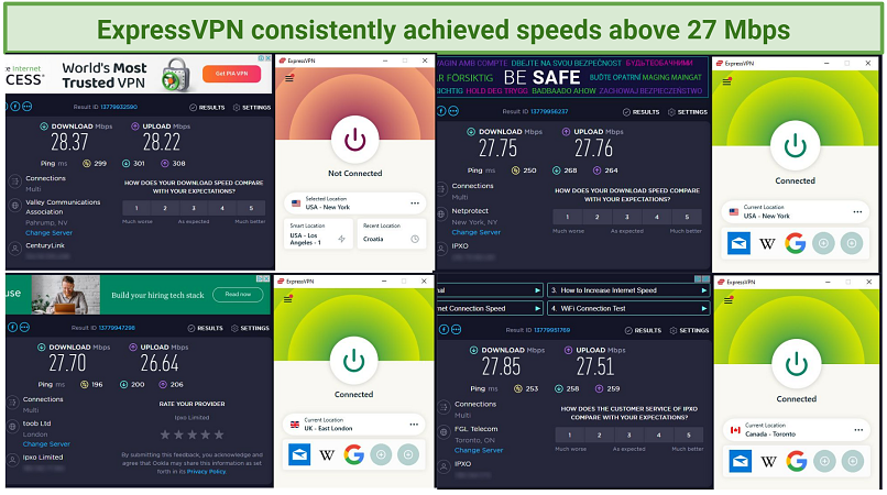 Screenshots showing speed test results with ExpressVPN connected to different servers