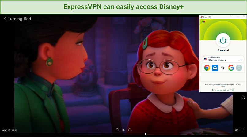 A screenshot of Disney+ being accessed by ExpressVPN and playing Turning Red.