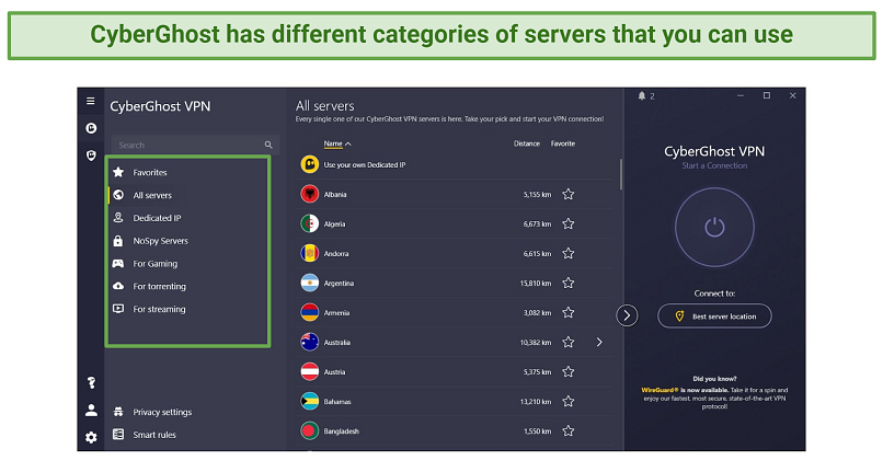 Screenshot of CyberGhost's UI