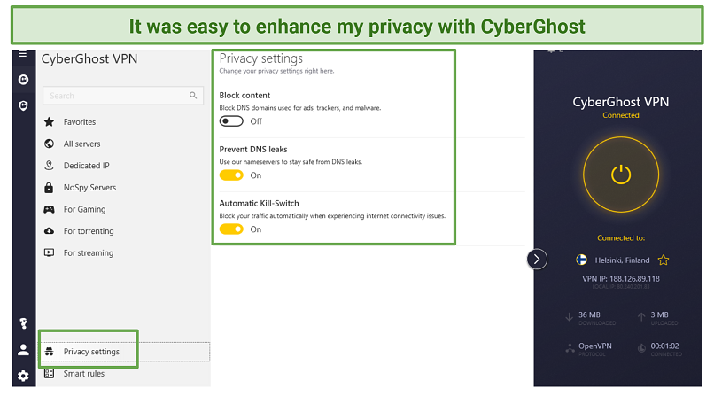 A screenshot showing CyberGhost has great security and privacy features.
