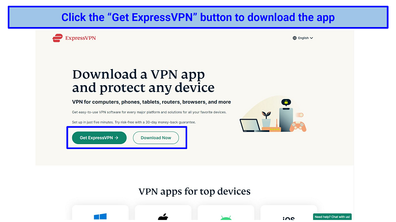 Screenshot of ExpressVPN's landing page to download the VPN app