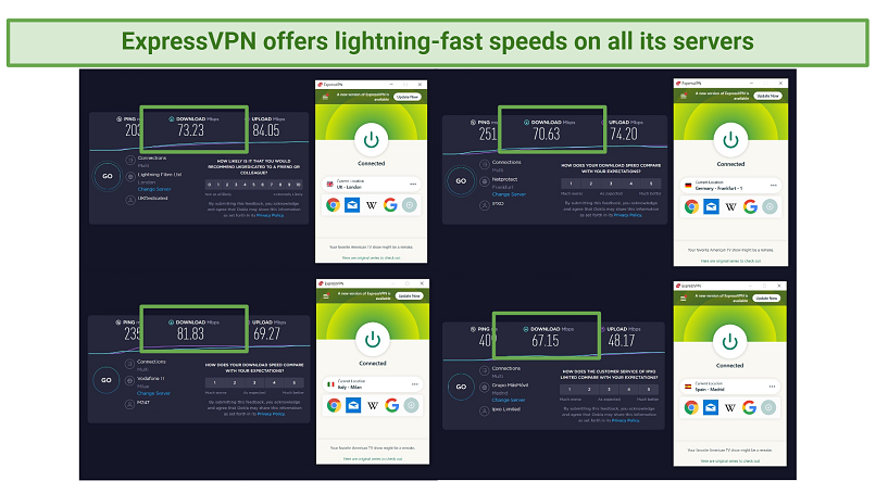 Screenshot of ExpressVPN's speed tests