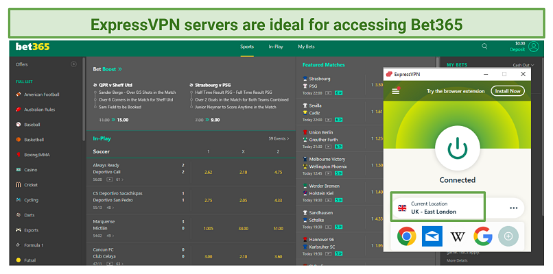 A screenshot showing ExpressVPN easily accessing Bet365