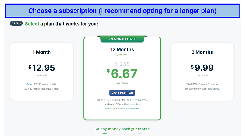 Screenshot of ExpressVPN's 3 pricing plans