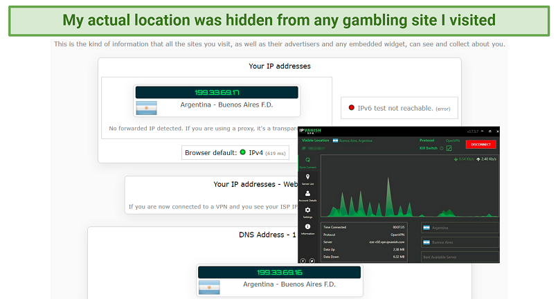 A screenshot showing no DNS/IP address leaks were detected when using IPVanish