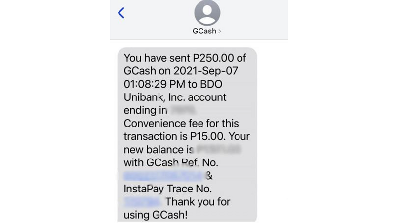 Leaked pay confirmation text message with confidential information.