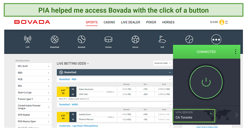 A screenshot showing PIA unblocking Bovada without problems