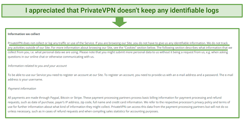 A screenshot showing PrivateVPN has a zero-logs policy