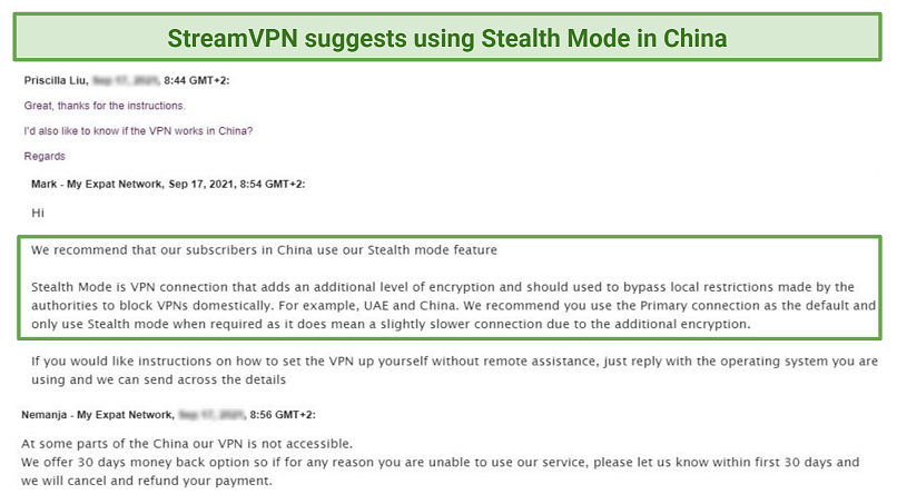 A screenshot of StreamVPNs response about using its services in China