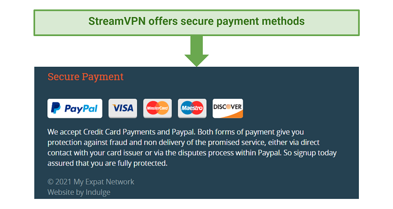 A screenshot of the payment methods that StreamVPN supports