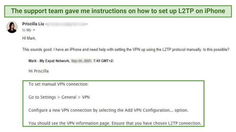A screenshot from my email exchange with StreamVPN's customer support where they gave me instructions on how to set up the L2TP protocol on iPhone