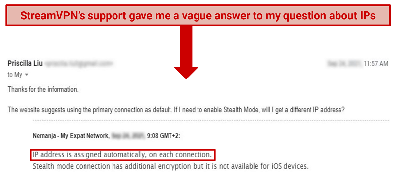 A screenshot of my email exchange with StreamVPN's support rep about the IPs it assigns on stealth and regular servers