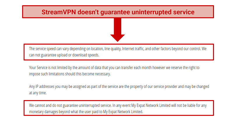 A screenshot from StreamVPN's Terms & Conditions where it elaborates on its speeds