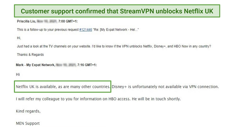 A screenshot of StreamVPN’s response about streaming Netflix, Disney+, and HBO Now