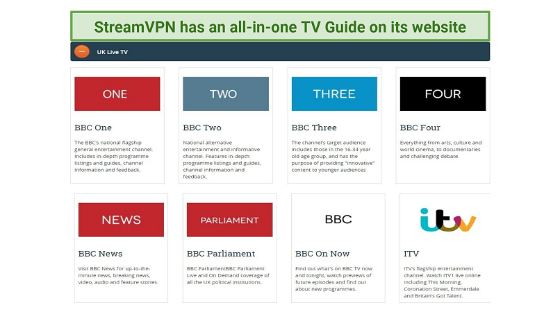A screenshot of StreamVPN'sUK live TV channels and platforms included in its TV Guide