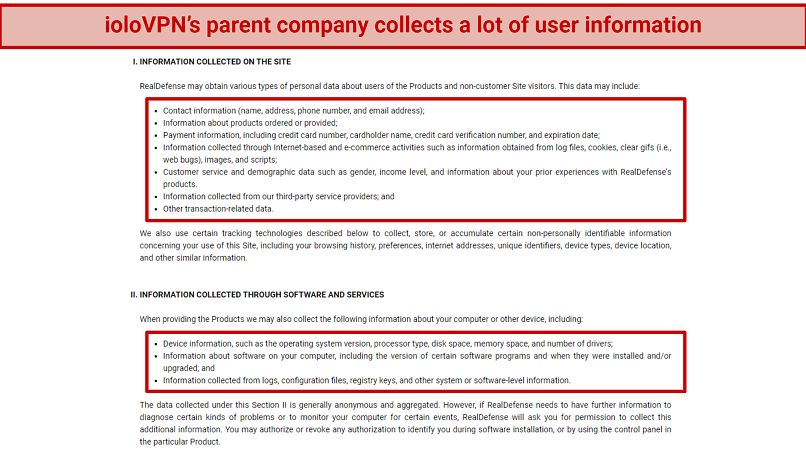 ioloVPN's privacy policy, showing that RealDefence LLC collects a lot of user data