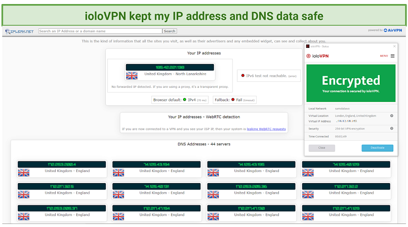 graphic showing ioloVPN passing an IP and DNS leak test